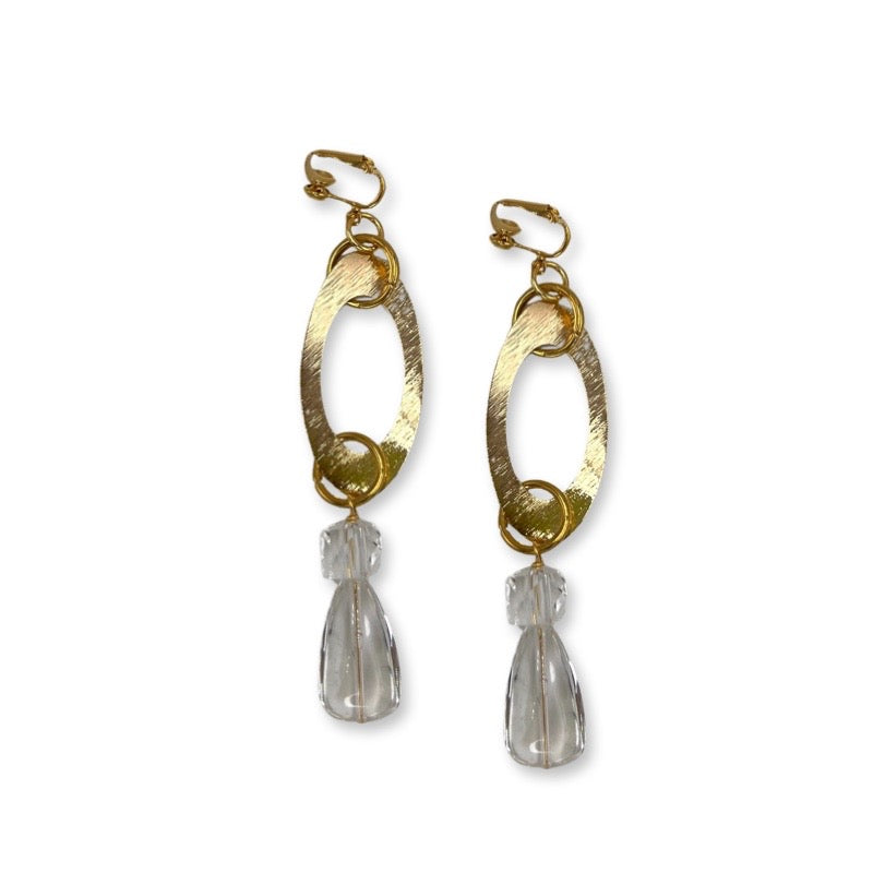 Clear Spark Hoop Drop Earring Earrings Cerese D, Inc. Gold Clip on
