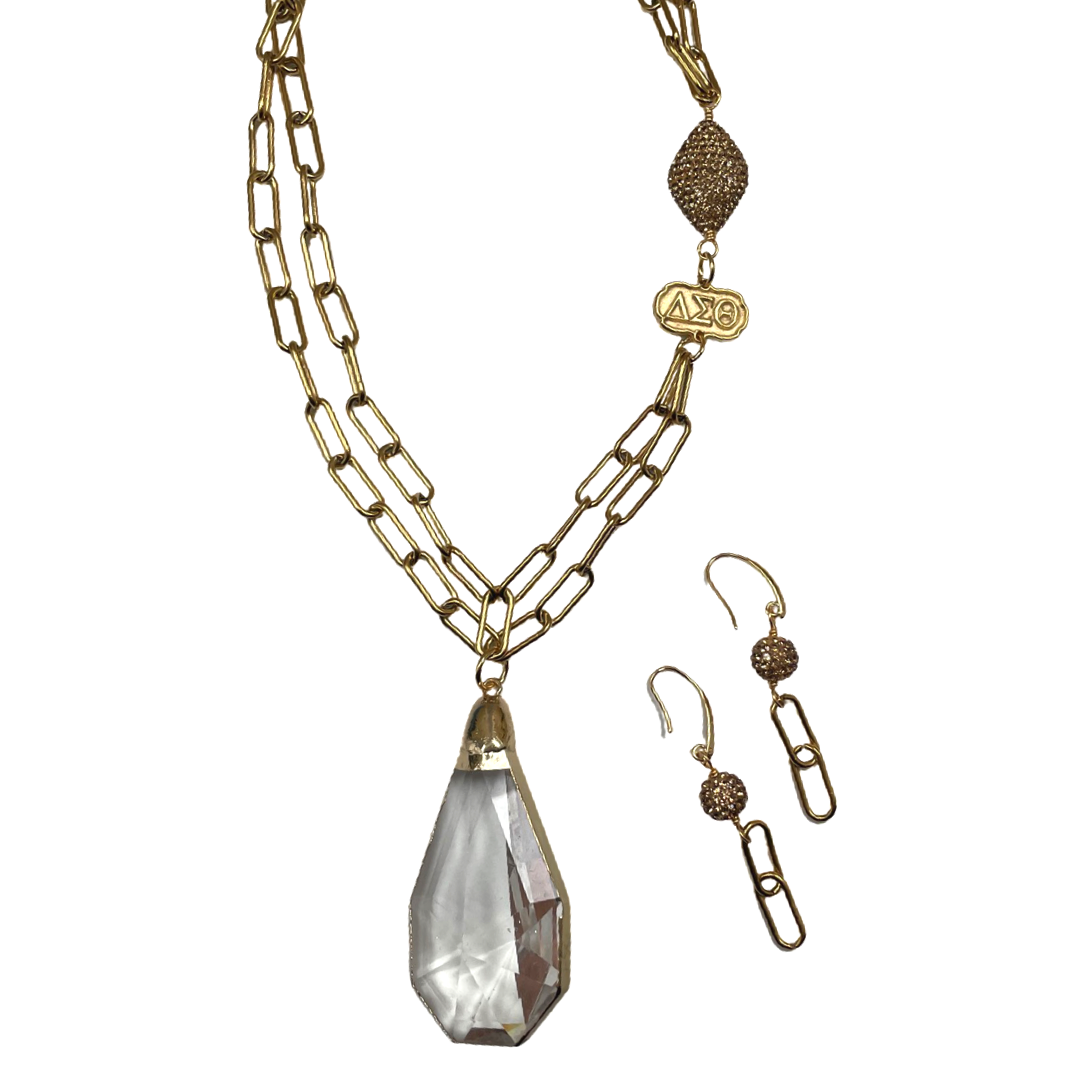Delta Faceted Crystal Drop Pendant, Stainless Steel Paper Clip Chain Necklace & Earrings Set DELTA Necklaces Cerese D, Inc. Delta Gold