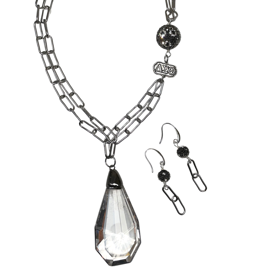 Delta Faceted Crystal Drop Pendant, Stainless Steel Paper Clip Chain Necklace & Earrings Set DELTA Necklaces Cerese D, Inc. Delta Silver