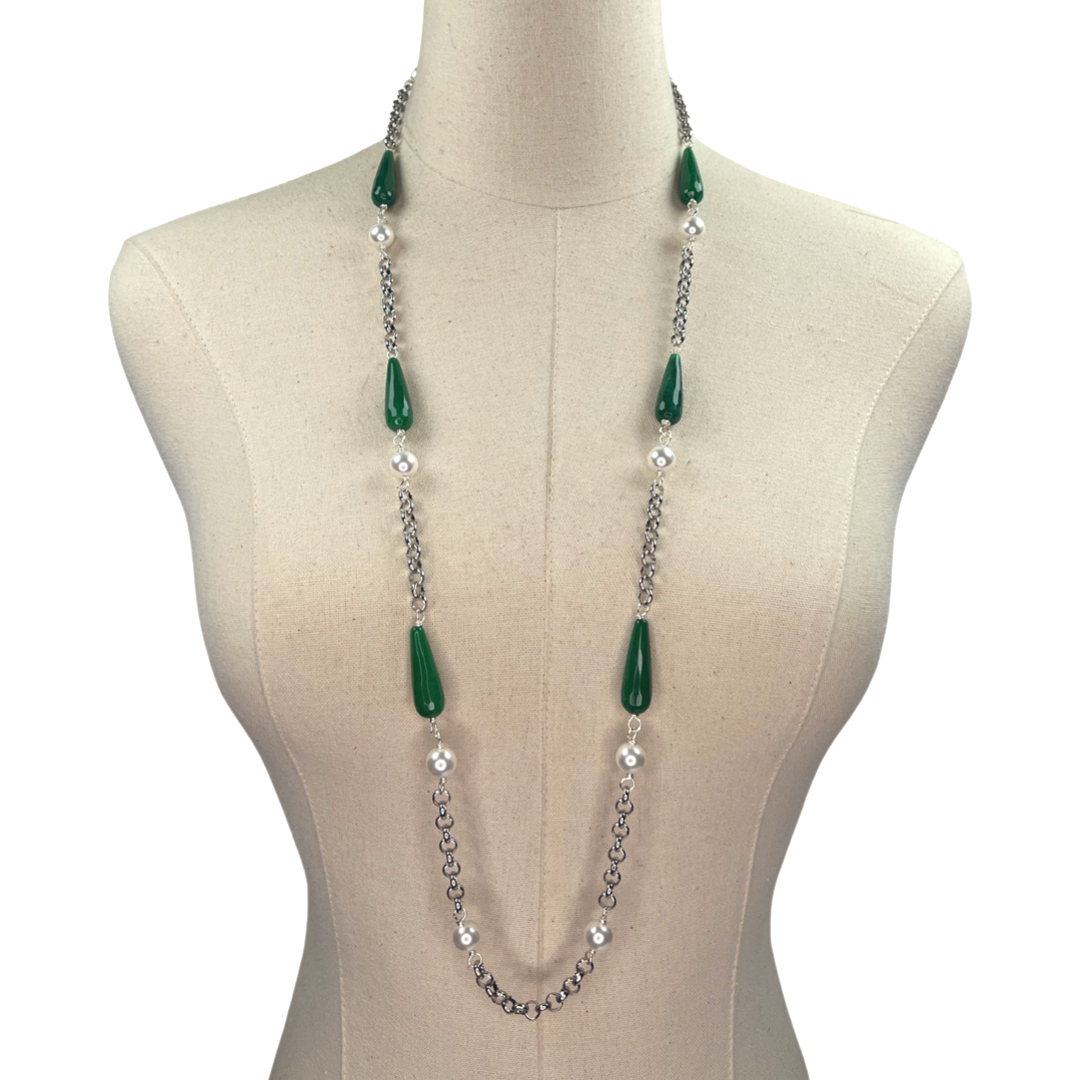 Green Droplet Necklace LINKS Necklaces Cerese D, Inc. Silver