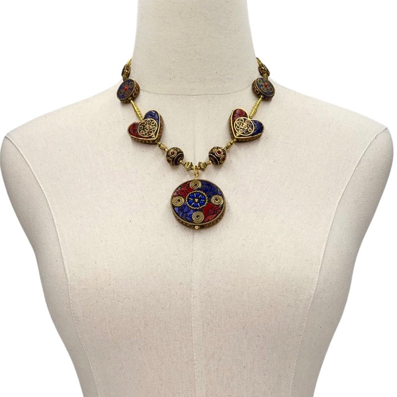 Tibetan Red Coral and Blue Lapis Necklace