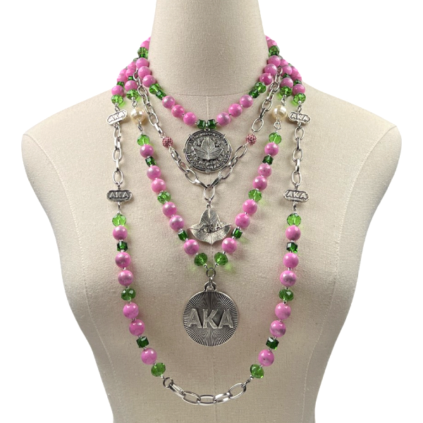 AKA Summer Pink Agate Necklace Set AKA Necklaces Cerese D, Inc. Silver  