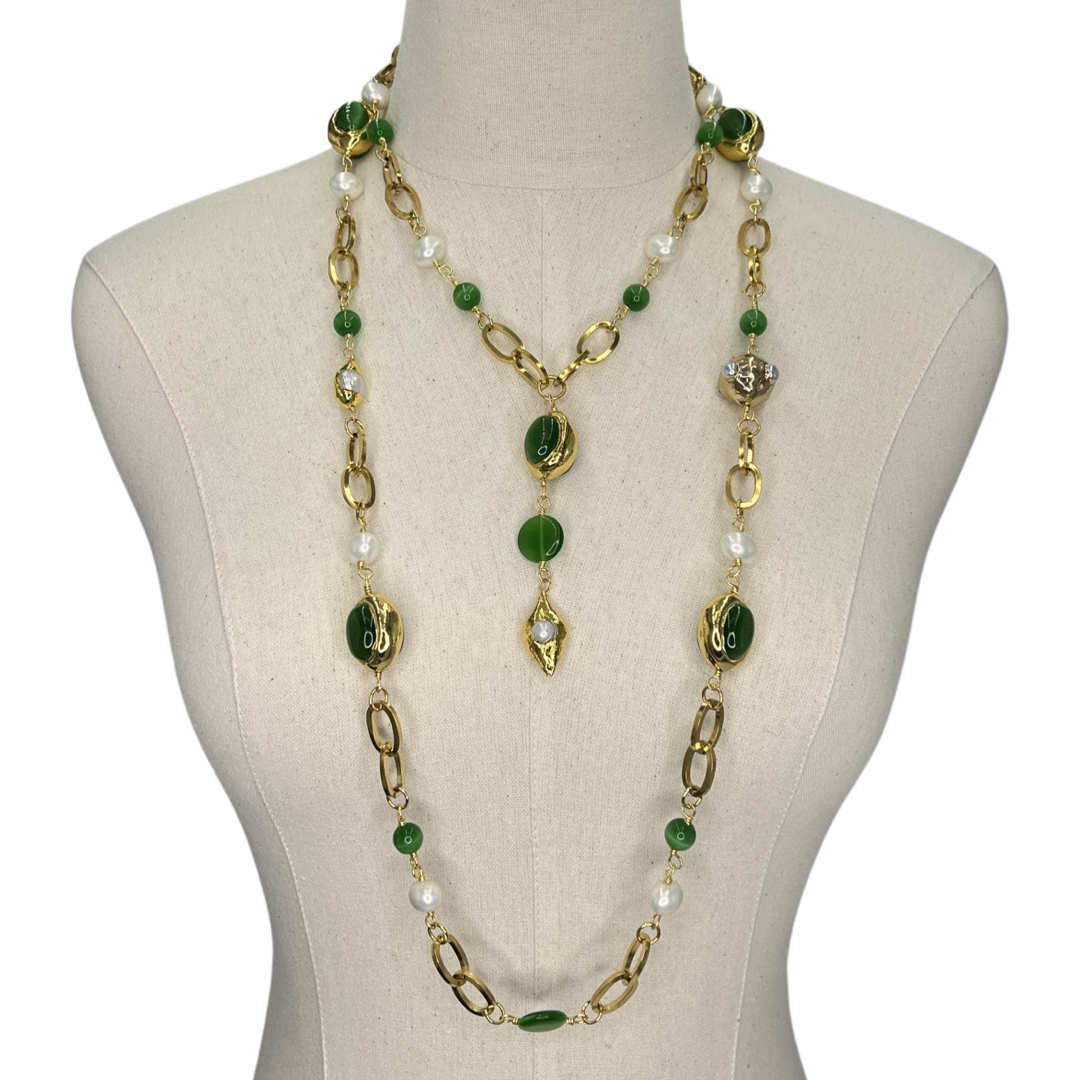 Brilliant Emerald Green Cat's Eye and Freshwater Pearl Necklace CLOSED Necklaces Cerese D, Inc.   