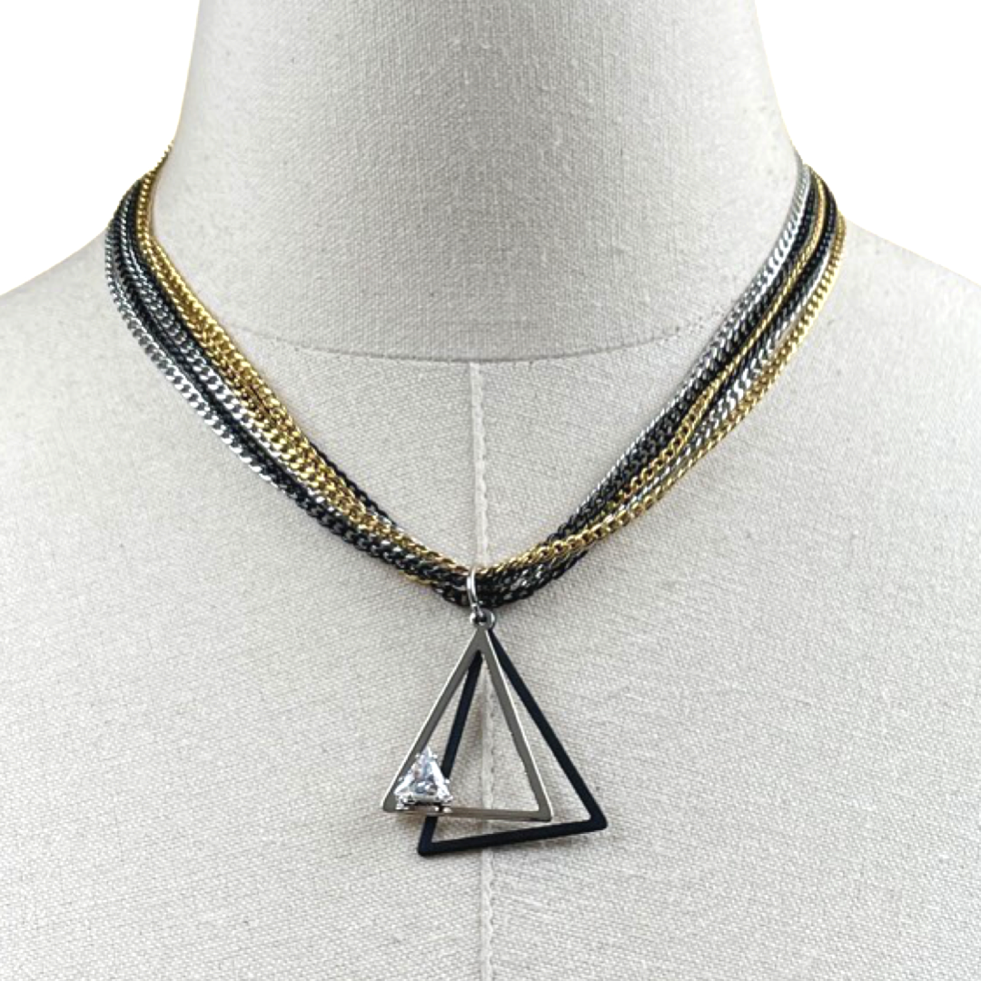 Delta Mixed Metal Tri Color Chain Pyramid Pendant Necklace