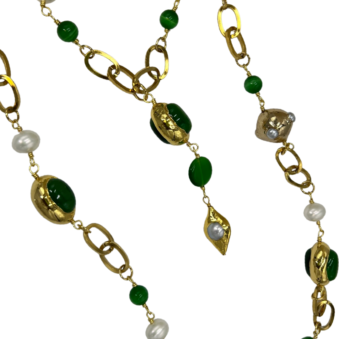 Brilliant Emerald Green Cat's Eye and Freshwater Pearl Necklace CLOSED Necklaces Cerese D, Inc.   