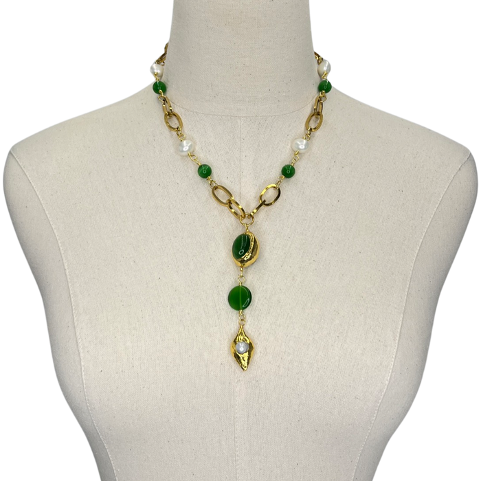 Brilliant Emerald Green Cat's Eye and Freshwater Pearl Necklace CLOSED Necklaces Cerese D, Inc. Option A - Short Necklace  