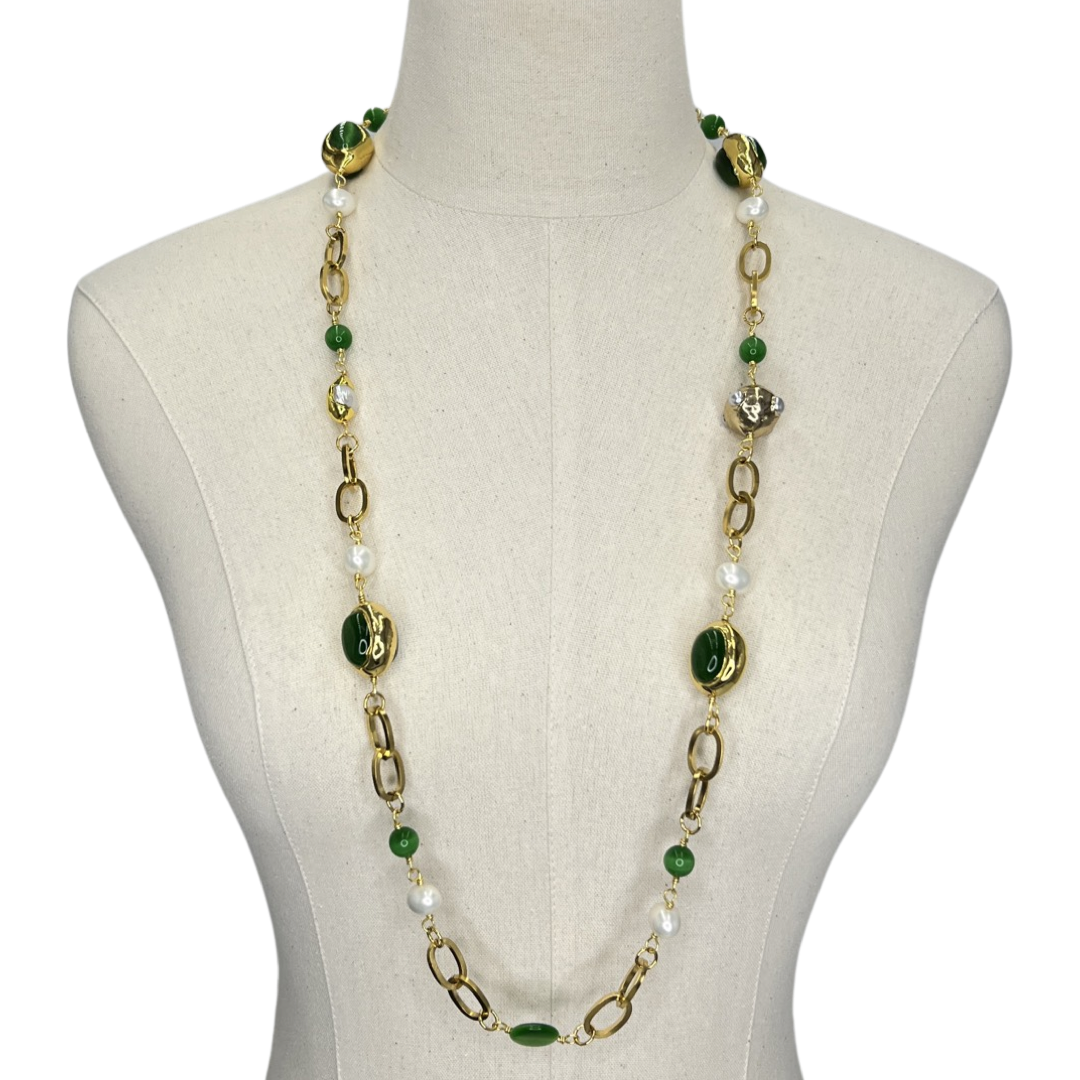 Brilliant Emerald Green Cat's Eye and Freshwater Pearl Necklace CLOSED Necklaces Cerese D, Inc. Option B - Long Necklace  