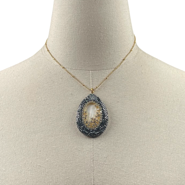 Mother of Pearl Pave Pendant Necklace AKA Necklaces Cerese D, Inc. Gold  